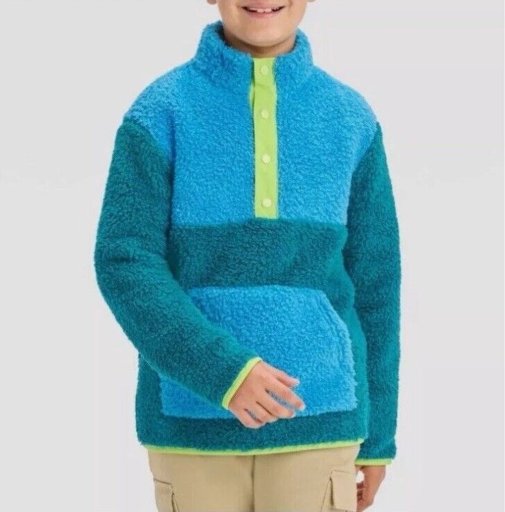 Cat & Jack Boys 10/12 Blue Teal Colorblock Sherpa Snap Pullover